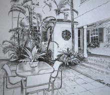 Miami Beach Courtyard 5″x7″ graphite on paper
